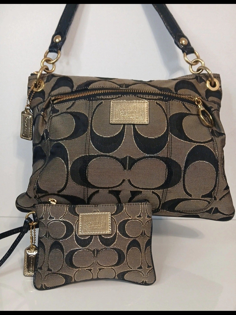 Coach Gold and Black Signature Jacquard Shoulder Bag with Wristlet